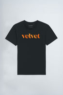 Orange 'Velvet' text on a light background