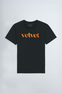 Orange 'Velvet' text on a light background