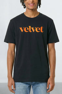 Orange  'velvet' text on a plain background