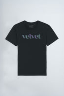 Purple & Teal 'Velvet' text on a light background