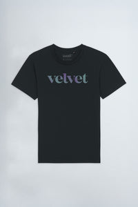 Purple & Teal 'Velvet' text on a light background