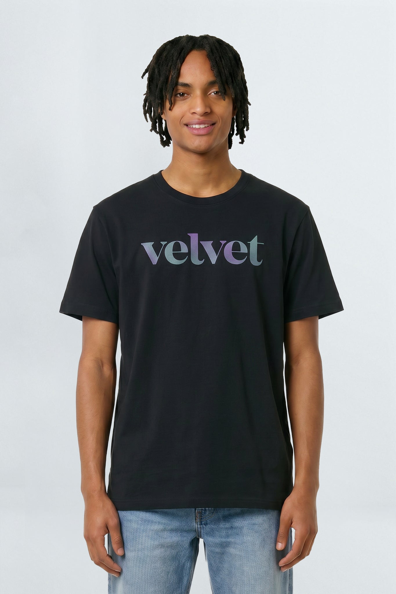 Purple & Teal 'velvet' text on a light background