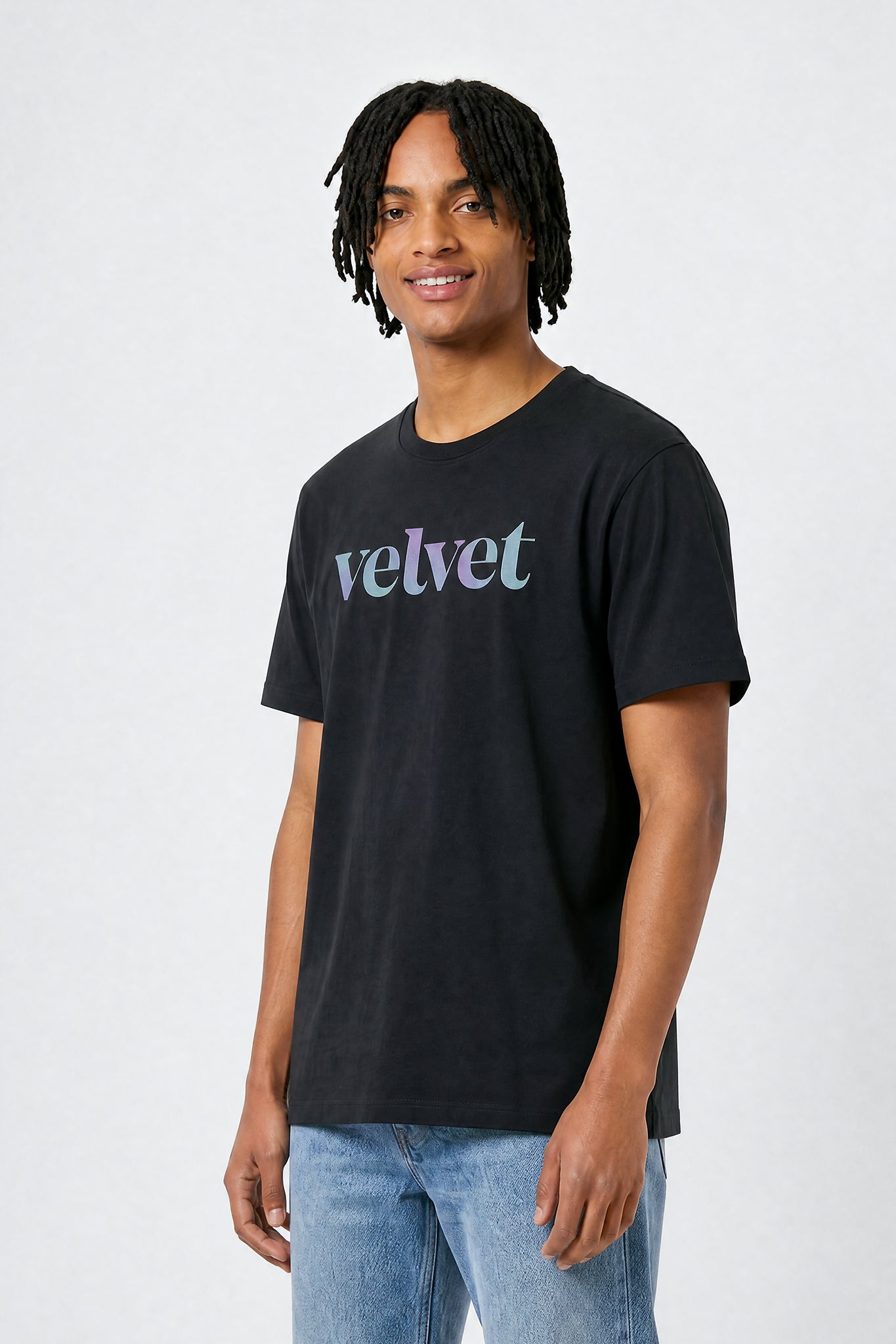 Purple & Teal 'velvet' text on a light background