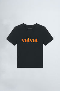 Black t-shirt with 'velvet' text in orange on a light background