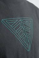 Gray t-shirt with a geometric triangle design in teal on a plain background