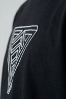 Black t-shirt with a geometric triangle design on a plain background