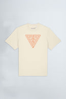 Beige t-shirt with a geometric triangle design on a light background