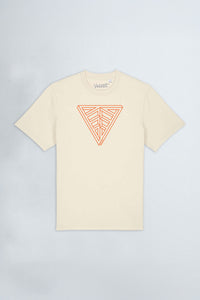 Beige t-shirt with a geometric triangle design on a light background