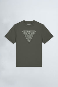 Khaki green t-shirt with 'Velvet' logo on a light background