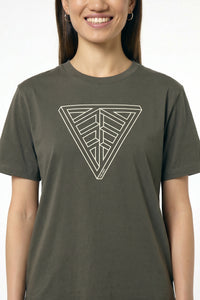Person wearing a Khaki green  t-shirt with a geometric triangle design on a plain background