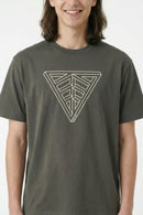 Person wearing a Khaki green t-shirt with a geometric triangle design on a light background