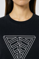 Black sweatshirt with a geometric triangle design on a plain background