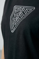 Black t-shirt with a white geometric design on the chest.