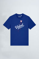 Blue t-shirt with 'Velvet' branding on a light background