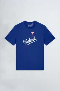 Blue t-shirt with 'Velvet' branding on a light background