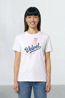 Person wearing a white t-shirt with 'Velvet' design on a plain background