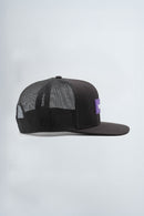 Black mesh cap with a purple logo on a light background