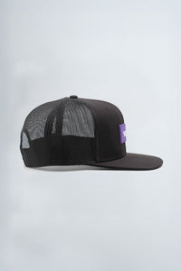 Black mesh cap with a purple logo on a light background