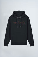 Black hoodie with 'velvet' text on a light background
