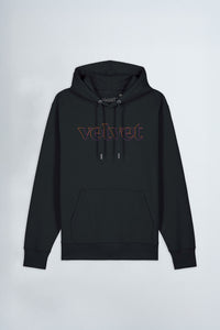 Black hoodie with 'velvet' text on a light background