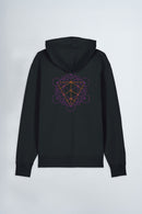 Black hoodie with a geometric design on the back against a light background