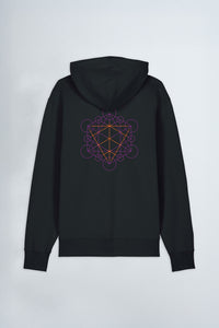 Black hoodie with a geometric design on the back against a light background