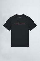 Black t-shirt with 'velvet' text on a light background