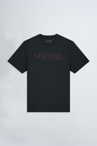 Black t-shirt with 'velvet' text on a light background