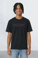 Person wearing a black t-shirt with 'velvet' text on a plain background