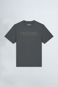 Gray t-shirt with 'Velvet' logo on a light background