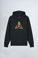 Black hoodie with a colorful triangle design on a light background