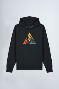 Black hoodie with a colorful triangle design on a light background