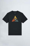Black t-shirt with a colorful triangle design on a light background
