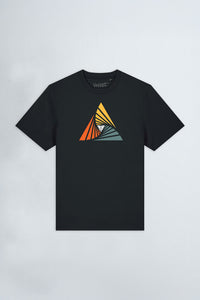Black t-shirt with a colorful triangle design on a light background