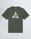 Khaki green t-shirt with a geometric triangle design on a light background