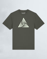 Khaki green t-shirt with a geometric triangle design on a light background
