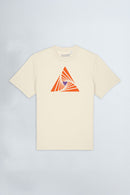 Beige t-shirt with a geometric triangle design on a light background