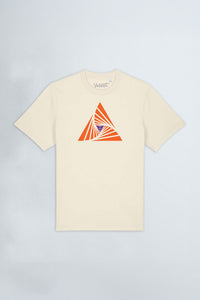 Beige t-shirt with a geometric triangle design on a light background