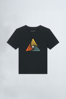 Black t-shirt with a colorful triangle graphic on a light  background