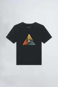 Black t-shirt with a colorful triangle graphic on a light  background