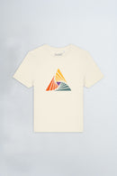 Beige t-shirt with a colorful triangle design on a light background