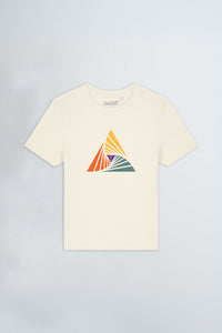 Beige t-shirt with a colorful triangle design on a light background