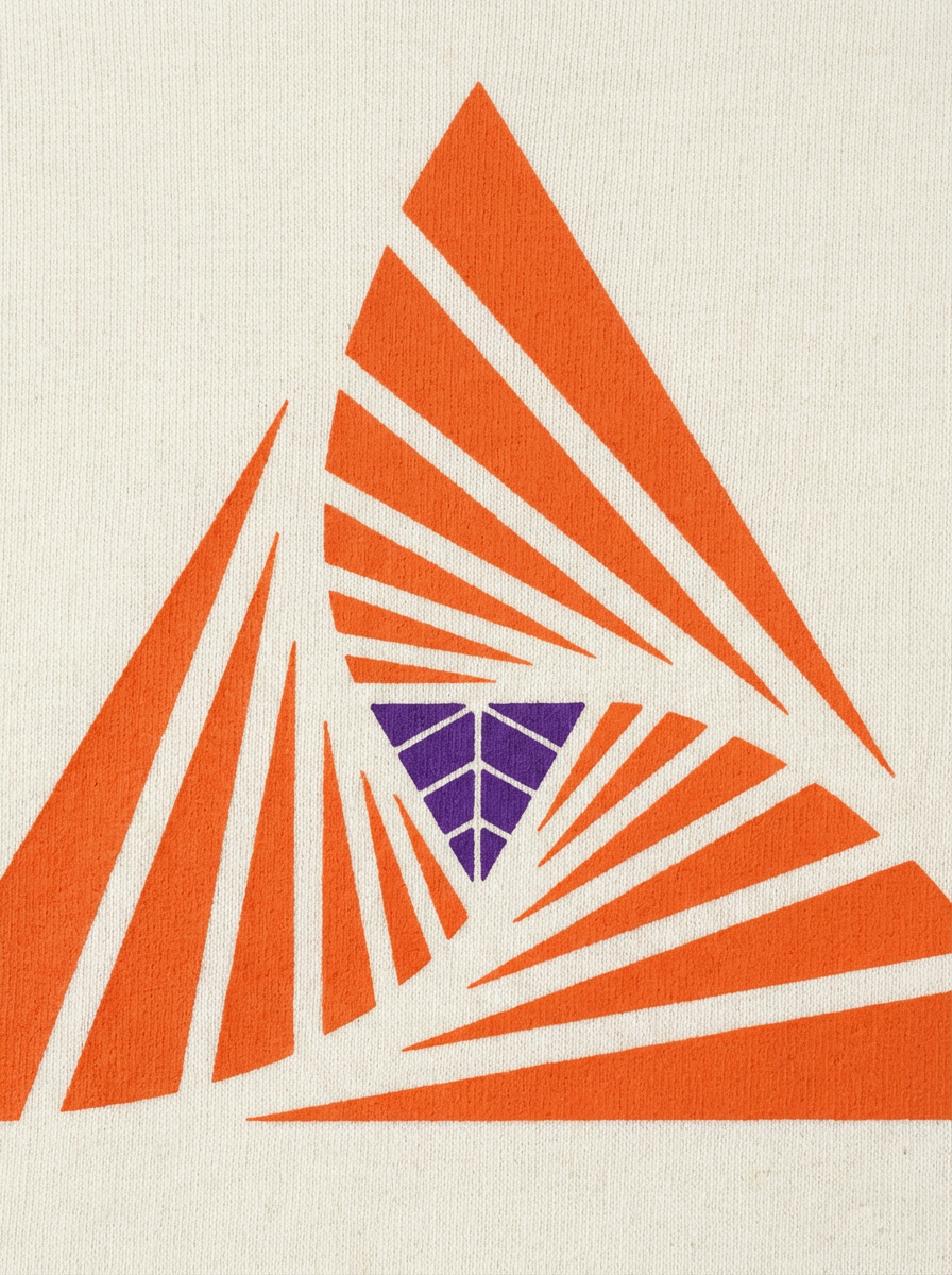 beige Geometric pattern with orange triangles and a purple center