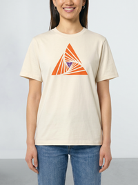 Person wearing a beige t-shirt with an orange geometric design on a plain background
